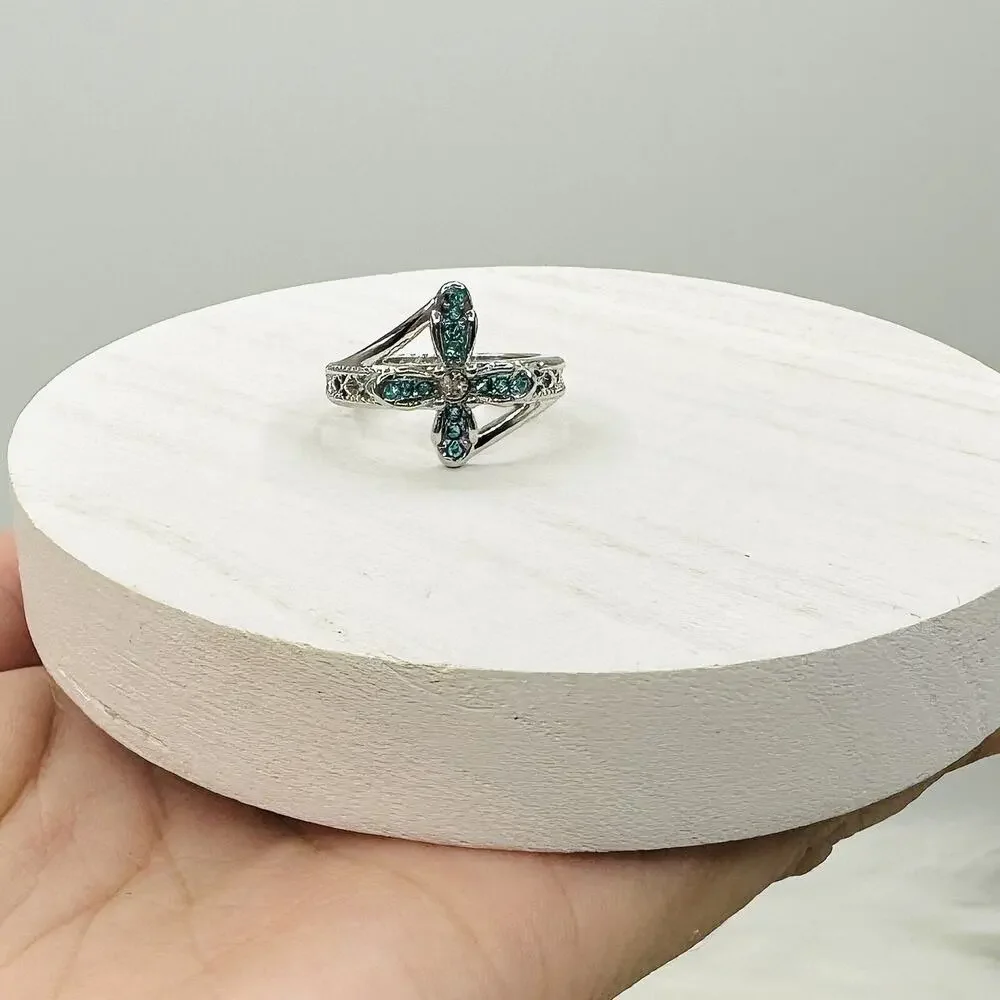 Blue Rhinestone Cross Ring Size 8